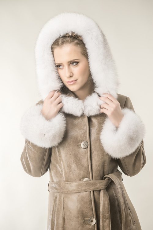 Taupe womens fur coat made from nappa leather and natural polar fox fur