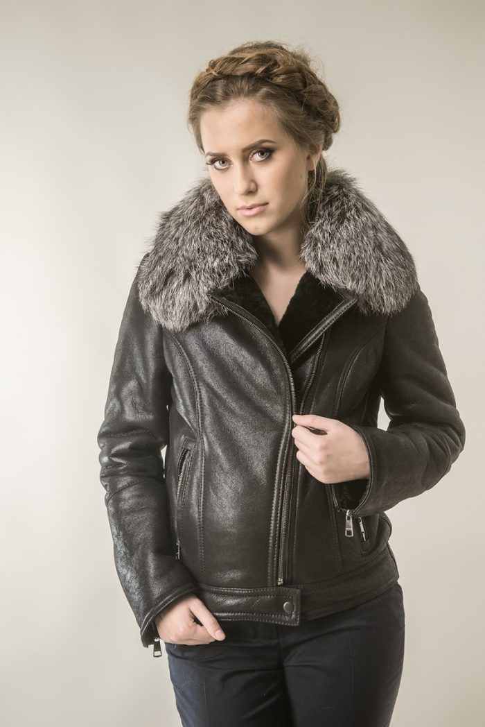 Black fur coat for women with natural lambswool and polar fox fur
