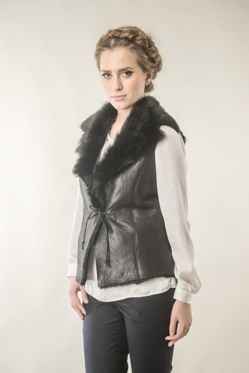 Black womens fur gilet made from nappa leather and merino lambswool