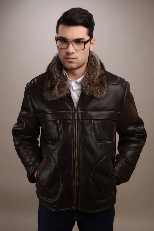 Mens fur coat, with collar made from natural raccoon fur