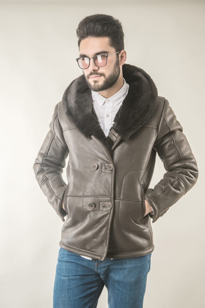 Brown mens fur coat, with wide lapel, suited for stylish outfits