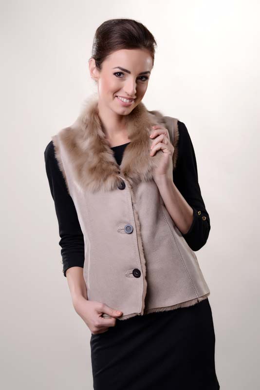 Beige womens fur gilet, made from nappa lambskin and lined with natural lambswool