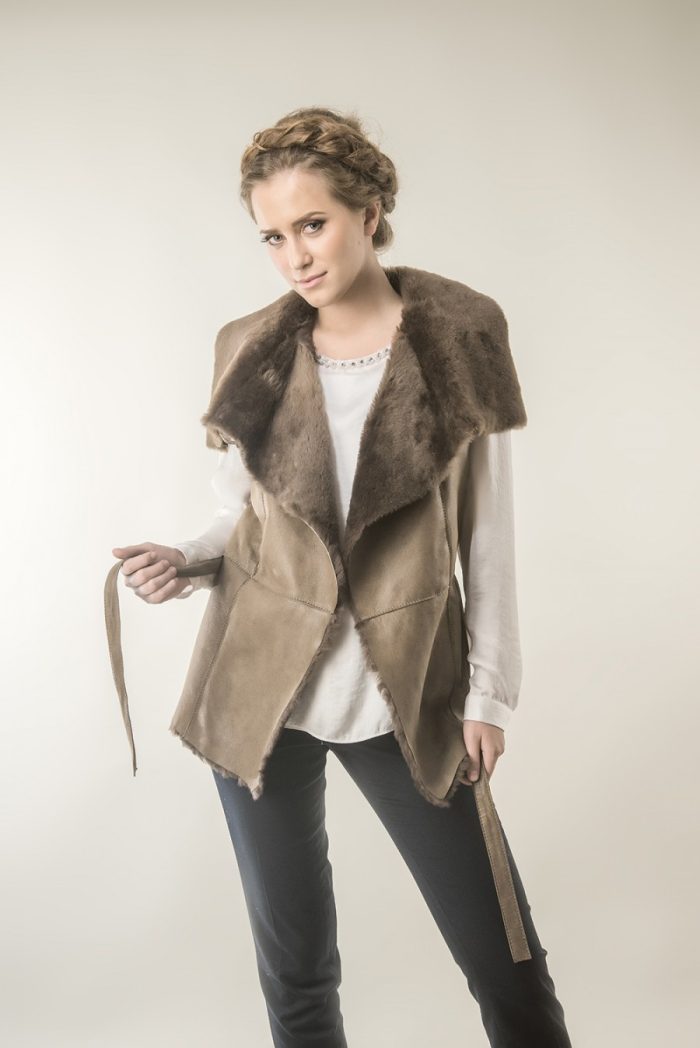 Fur gilet for women, made from nappa leather and merino lamb fur, with wide collar made from trimmed lamb fur
