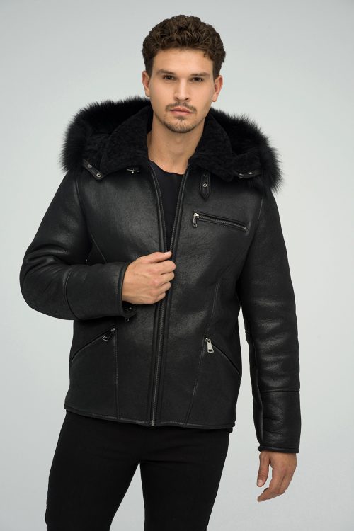 Hooded shearling and fox / raccoon fur jacket, for men 379